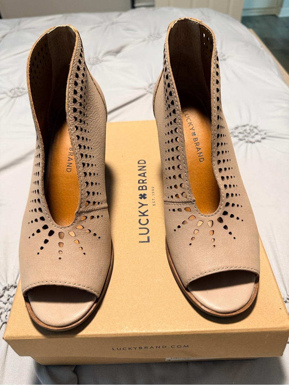 Lucky Brand Taupe Perforated Peep-Toe Leather Heels